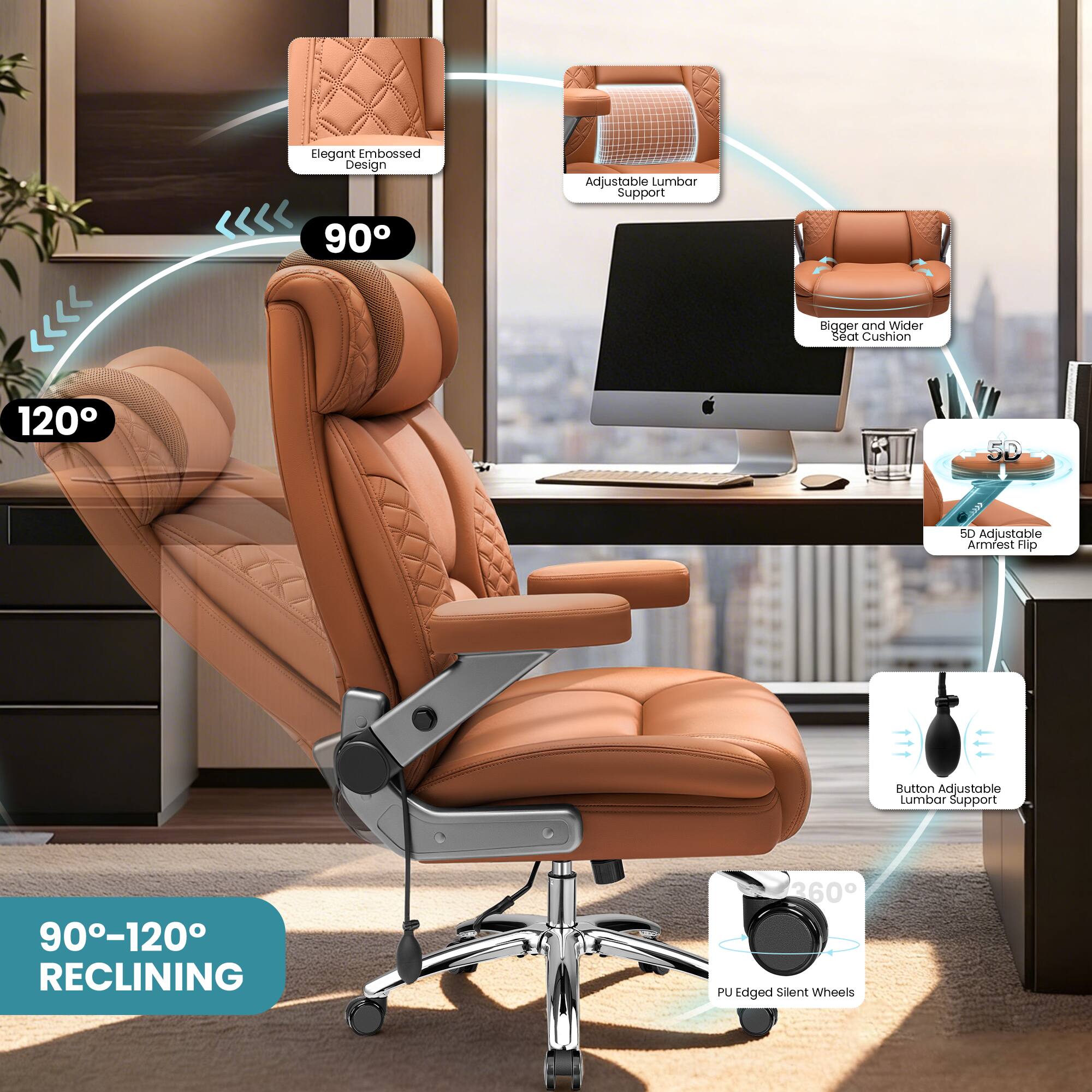 Elegant Embossed Design  
Adjustable Lumbar Support  
90-120° Reclining  
Bigger and Wider Seat Cushion  
5D Adjustable Armrest  
Button Adjustable Lumbar Support  
PU Edged Silent Wheels  
360° Rotation