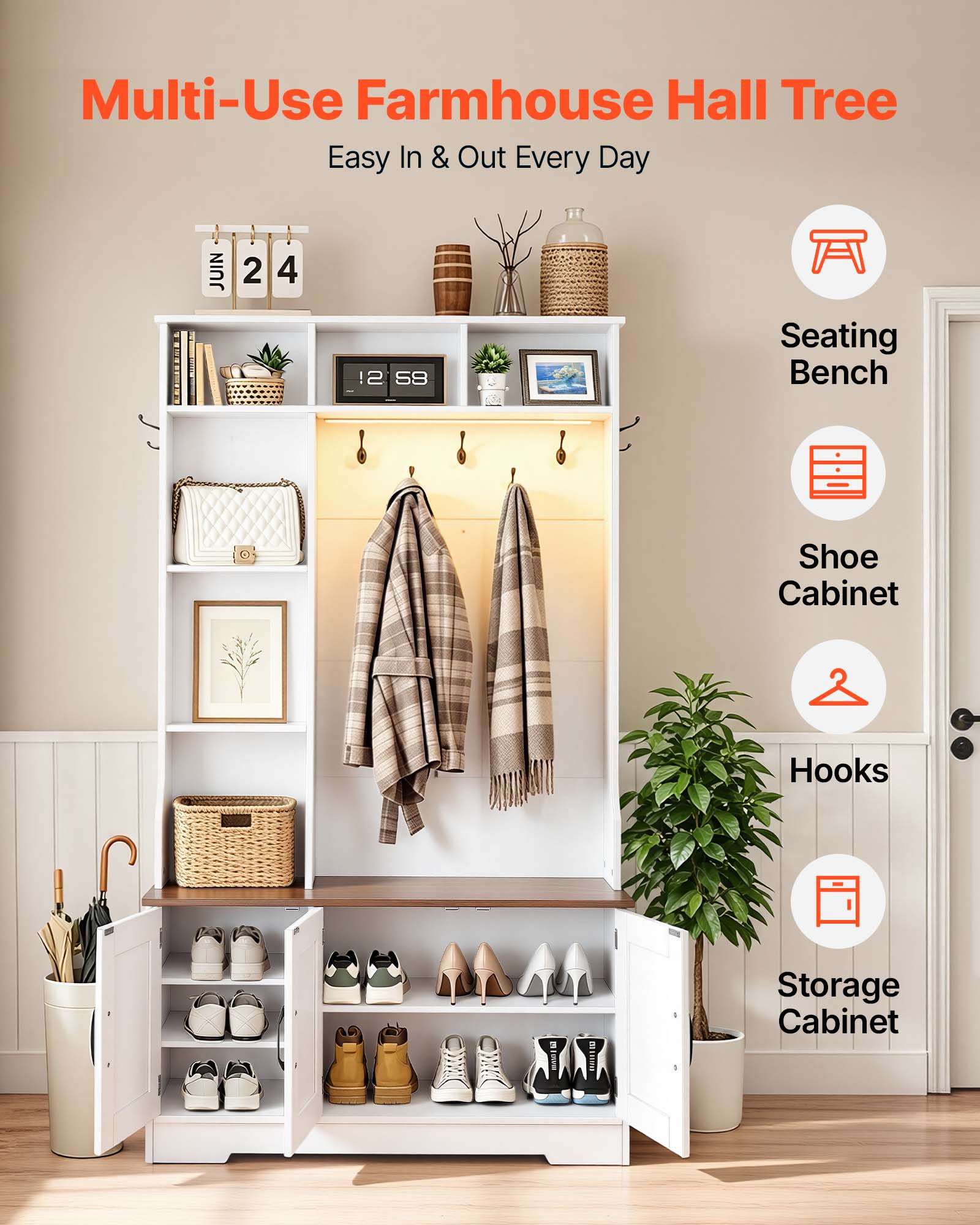 Multi-Use Farmhouse Hall Tree  
Easy In & Out Every Day  

- Seating Bench  
- Shoe Cabinet  
- Hooks  
- Storage Cabinet