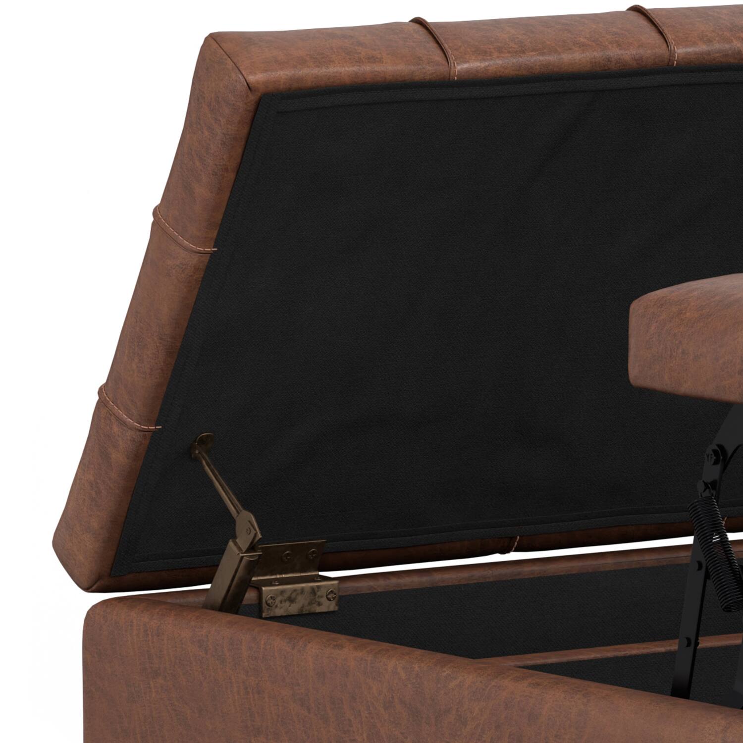 Alt View 6. Simpli Home - Laura 36 inch Wide Mid Century Square Lift Top Storage Ottoman in Distressed Saddle Brown  Vegan Faux Leather, Assembled - Distressed Saddle Brown.