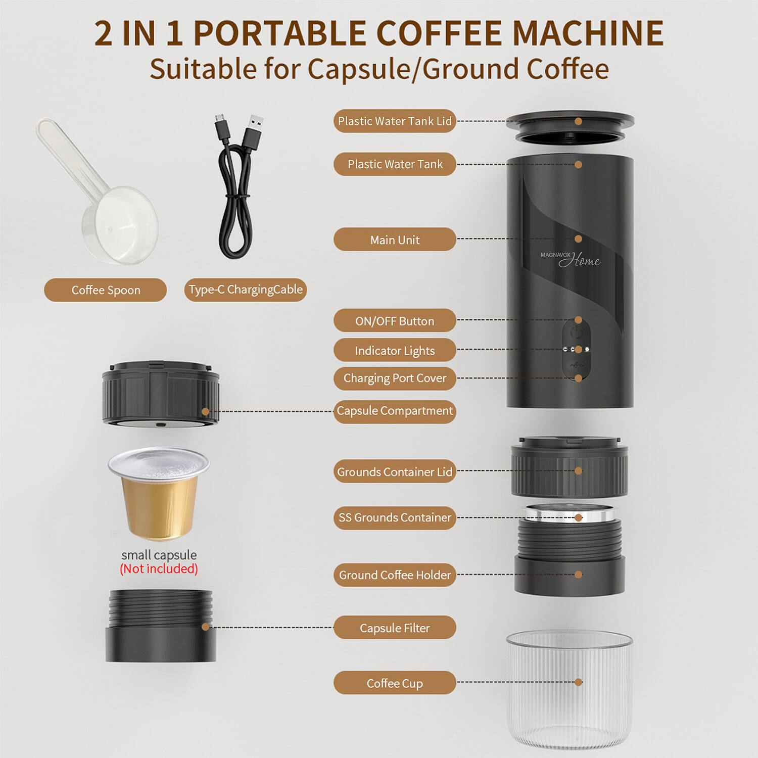 2 IN 1 PORTABLE COFFEE MACHINE  
Suitable for Capsule/Ground Coffee  

- Plastic Water Tank Lid  
- Plastic Water Tank  
- Main Unit  
- Coffee Spoon  
- Type-C Charging Cable  
- ON/OFF Button  
- Indicator Lights  
- Charging Port Cover  
- Capsule Compartment  
- Grounds Container Lid  
- SS Grounds Container  
- Ground Coffee Holder  
- Capsule Filter  
- Coffee Cup  

small capsule (Not included)