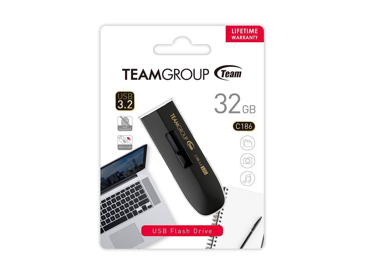 LIFETIME WARRANTY  
TEAMGROUP  
Team USB 3.2  
32 GB  
TEAMGROUP C186  
Fingerprint slider to use  
Team C186 3.2 2 32G  
USB Flash Drive