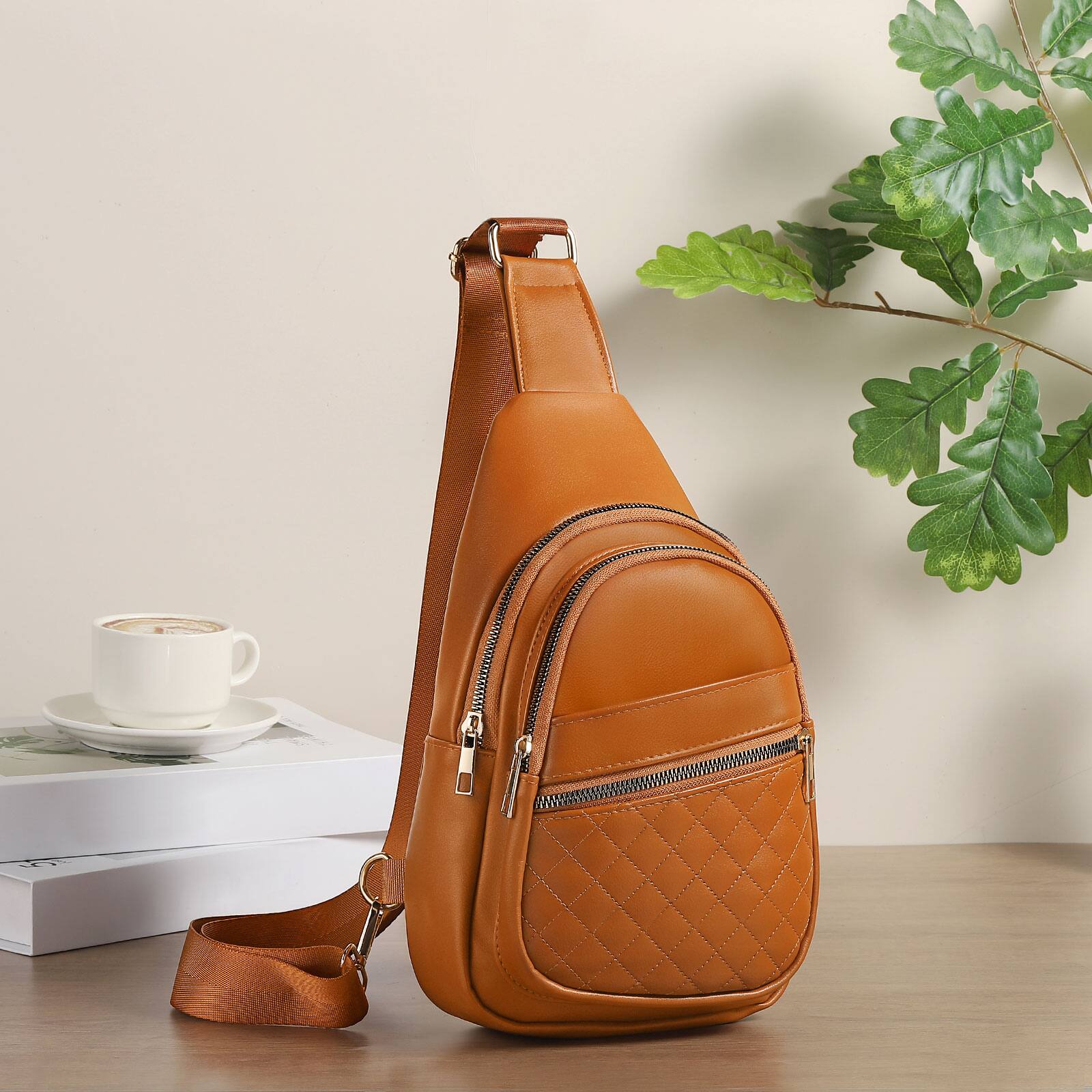 Alt View 5. Unique Bargains - Crossbody Bags for Women Men Leather Sling Bag Cross Body Backpack for Women Casual Chest Bag Daypack for Travel Hiking - Brown.