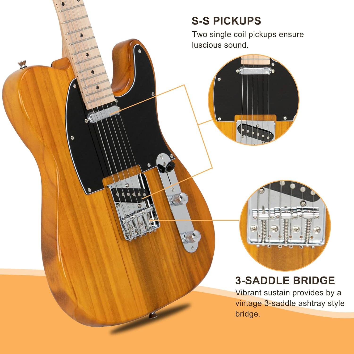 S-S PICKUPS  
Two single coil pickups ensure luscious sound.  

3-SADDLE BRIDGE  
Vibrant sustain provided by a vintage 3-saddle ashtray style bridge.