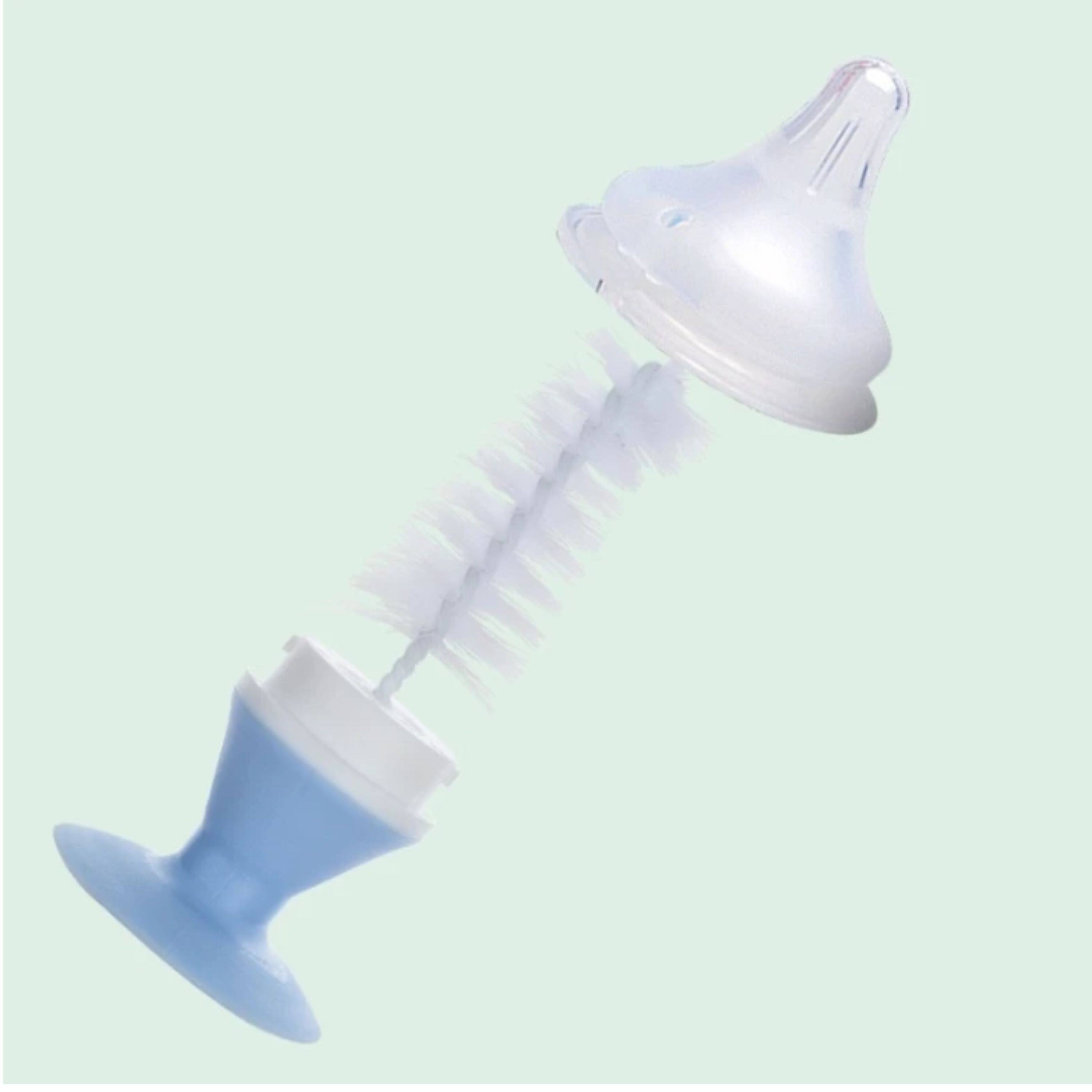 Left. Kitcheniva - Nylon Baby Bottle Cleaning Brush with Suction Cup Stand, Blue - Built-In Twist-Off Nipple & Teat Cleaner.