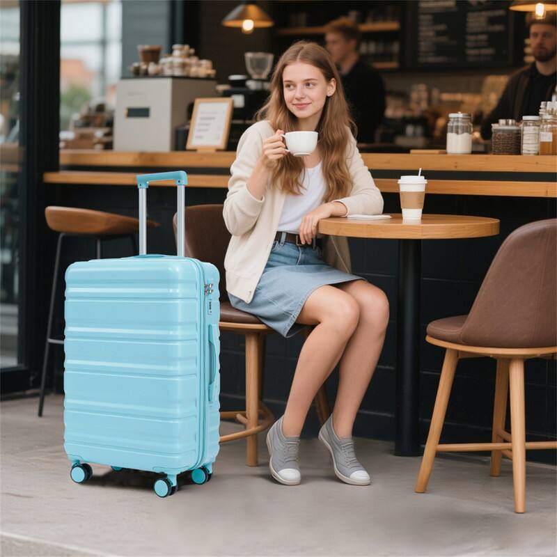 Angle. HTUTWOO - TOURIST Luggage Sets - 20"/24"/28" 3 Pcs ABS Spinner Wheel Suitcase, Carry On, Matching Color, Combination Lock - Blue.