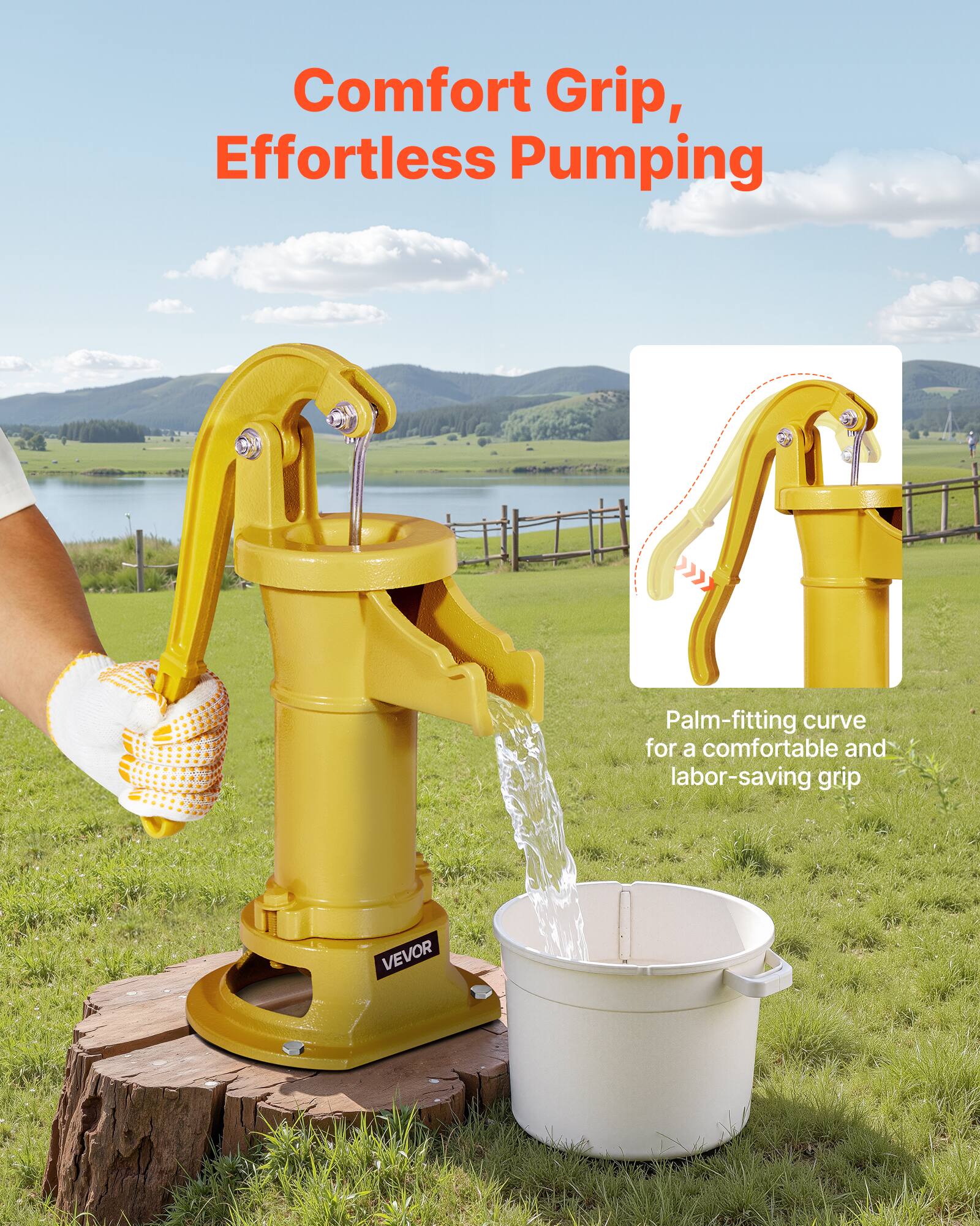 Comfort Grip, Effortless Pumping  
Palm-fitting curve for a comfortable and labor-saving grip  
VEVOR