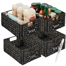 Best Choice Products - Set of 4 12in Woven Water Hyacinth Pantry Baskets w/ Chalkboard Label, Chalk Marker - Black