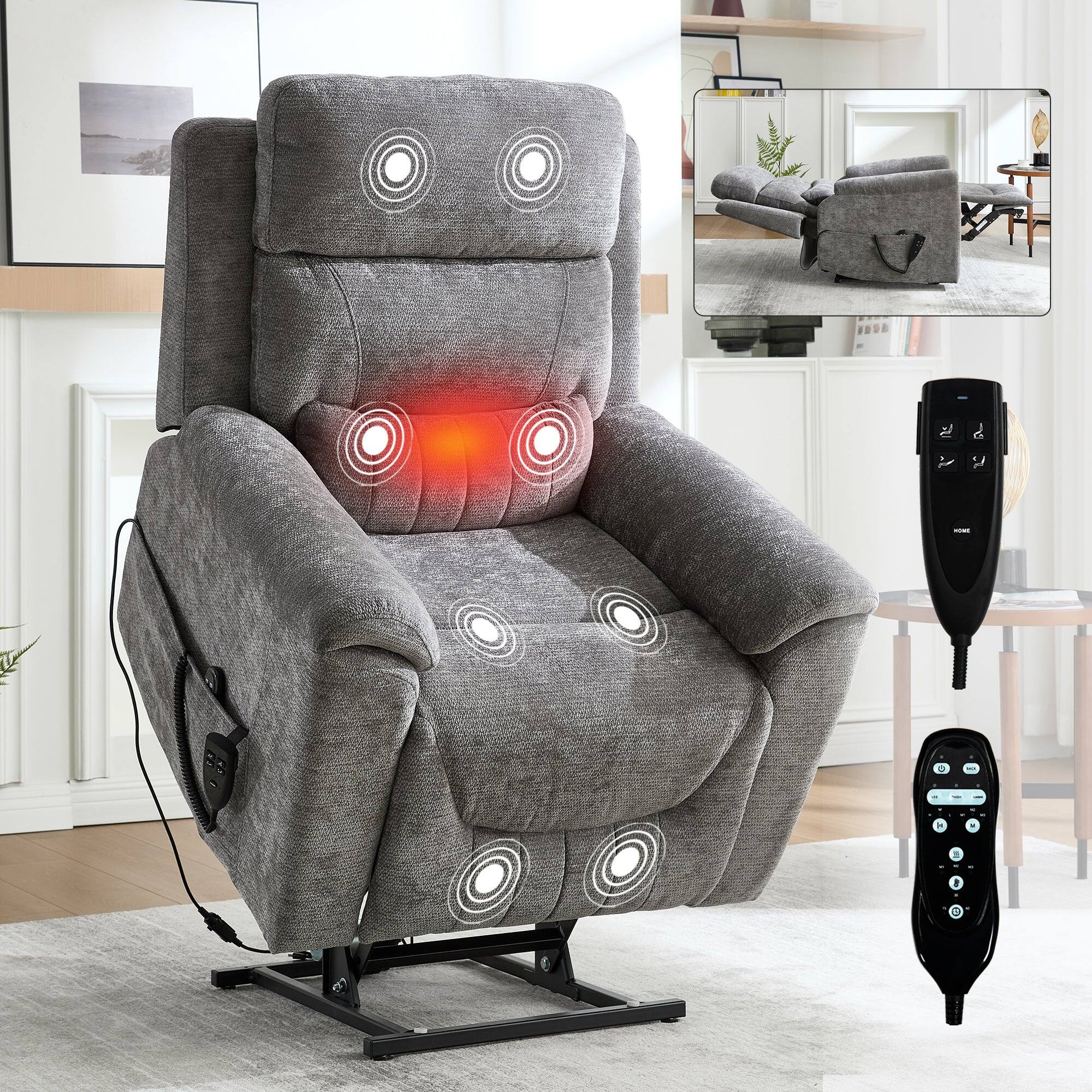 Alt View 1. Boyel Living - Dark Gray Chenille Dual Motor Power Lift Recliner Chair, Infinite Position, 350 LBS, 8-Point Massage & Lumbar Heat - Dark Gray.