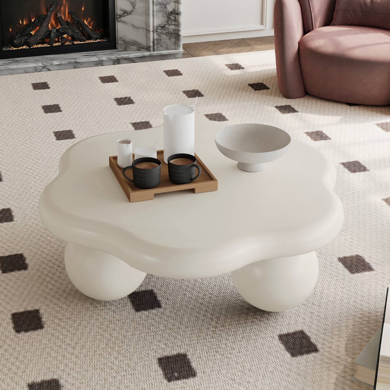Left. Loheer - Loheer Cloud Shaped Coffee Table Cream White Petal Modern Minimalist Center Table with Spherical Legs 35 Inch - Cream White.