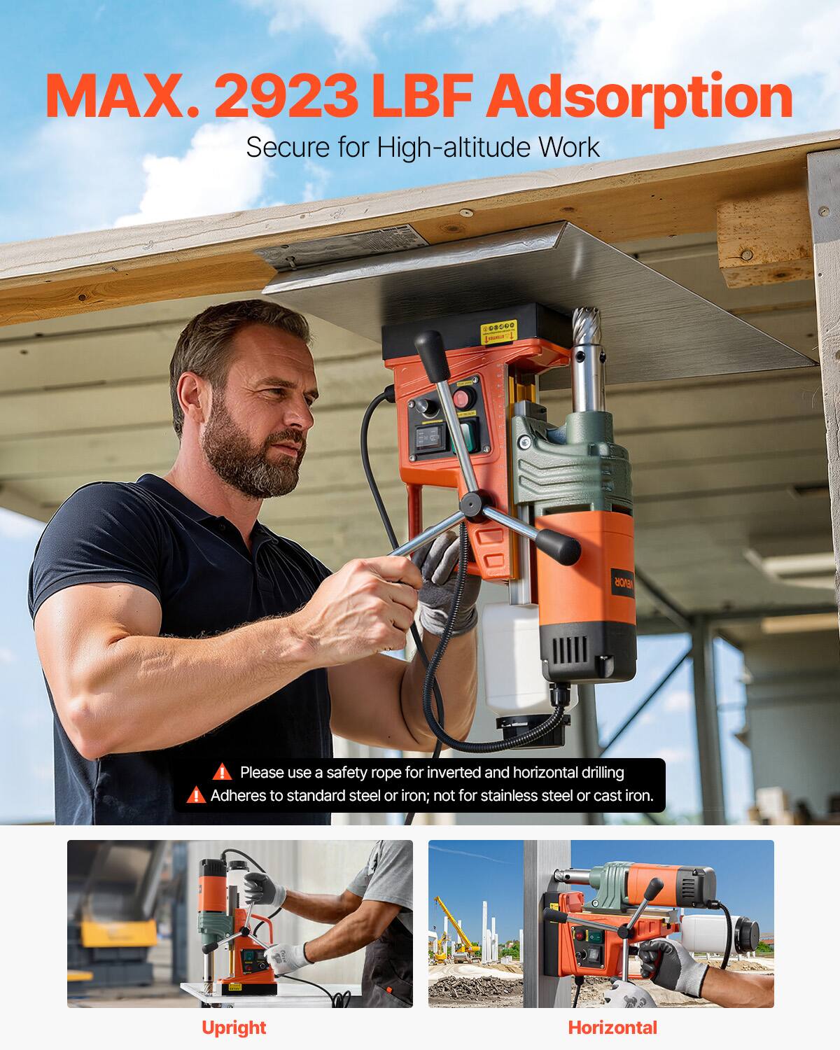 MAX. 2923 LBF Adsorption  
Secure for High-altitude Work

03560  
NEVOR

Please use a safety rope for inverted and horizontal drilling!  
Adheres to standard steel or iron; not for stainless steel or cast iron.

TOBAL  
Upright  
Horizontal