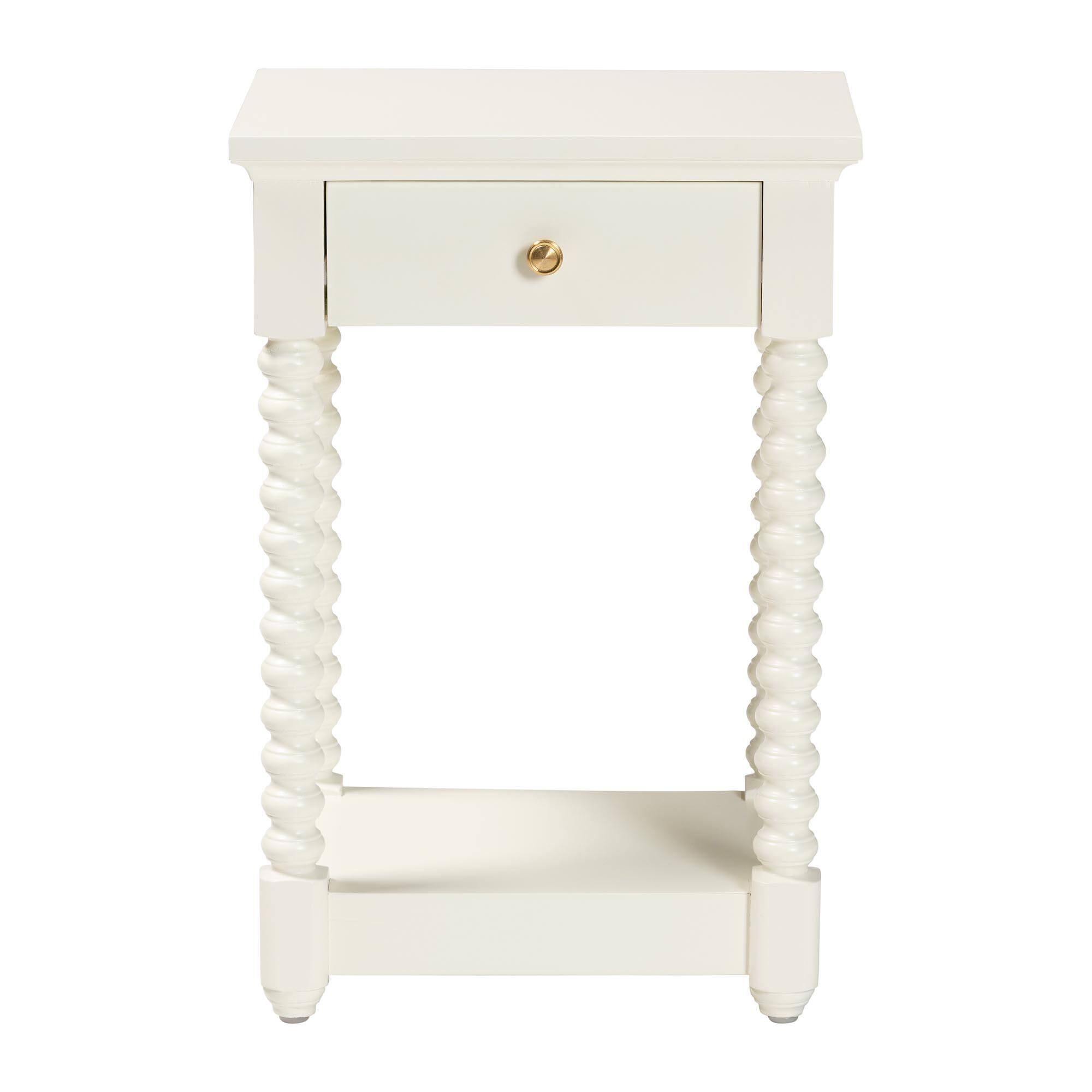 Left. bali & pari - Baxton Studio Terentia Nightstand with Bobbin Legs - 1-Drawer Bedroom Side Table with Storage Shelf, White - White.