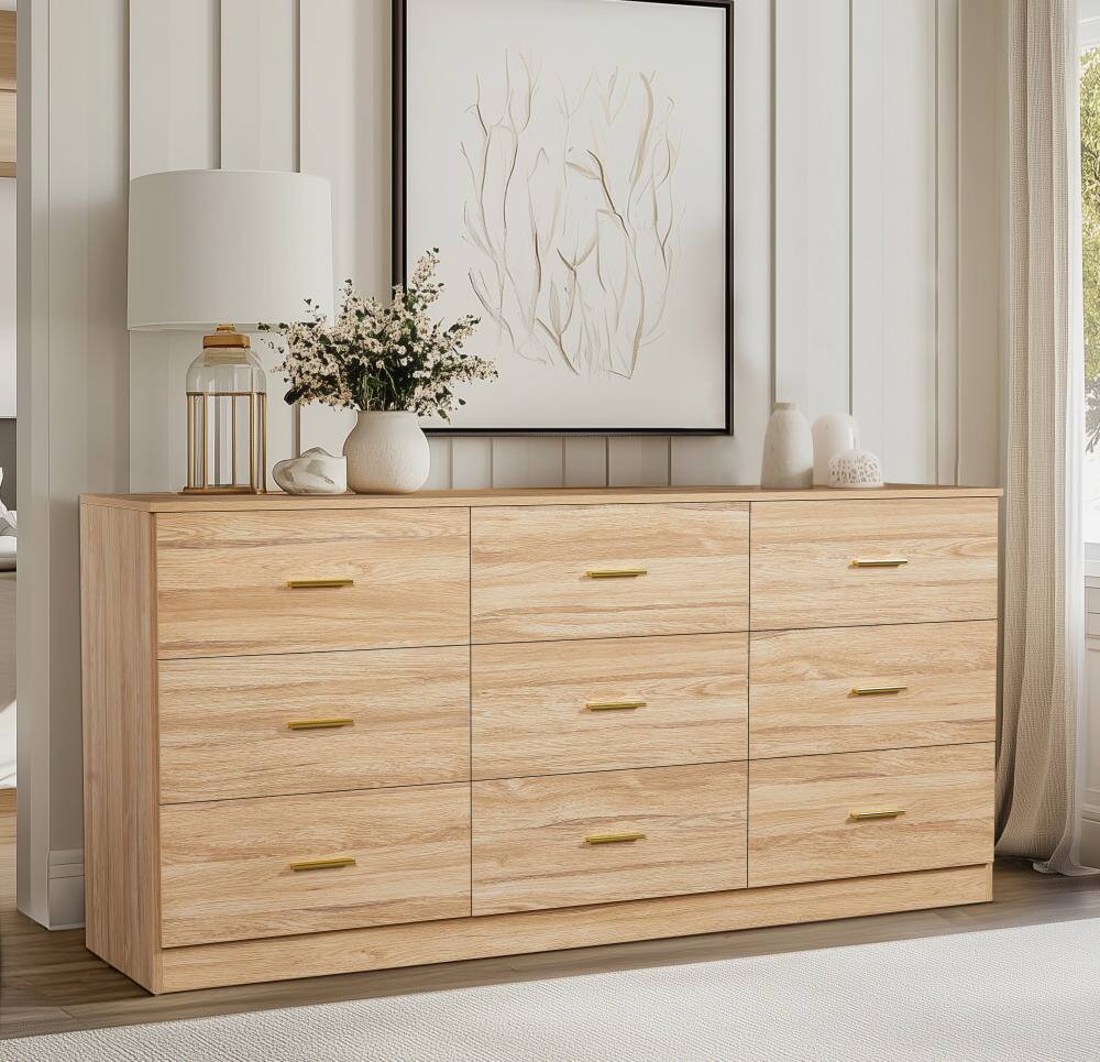 Angle. GOODSILO - 9-Drawer Dresser for Bedroom - Ample Storage Wide Chest, Sturdy & Safe - Natural.