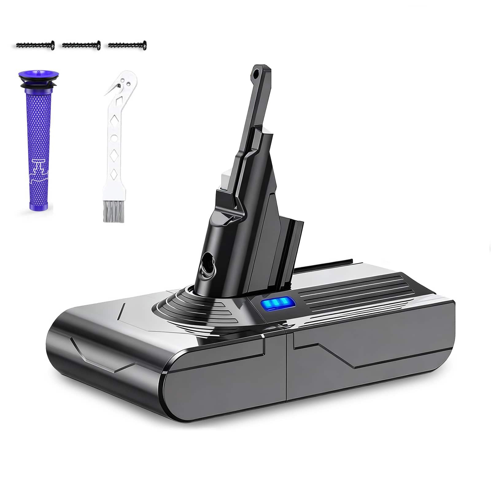 Front. Simple Plus+ - V8 Battery Replacement for Dyson SV10, 21.6V 9000mAh Compatible with V8 Animal Absolute Motorhead Vacuum +  Filter.