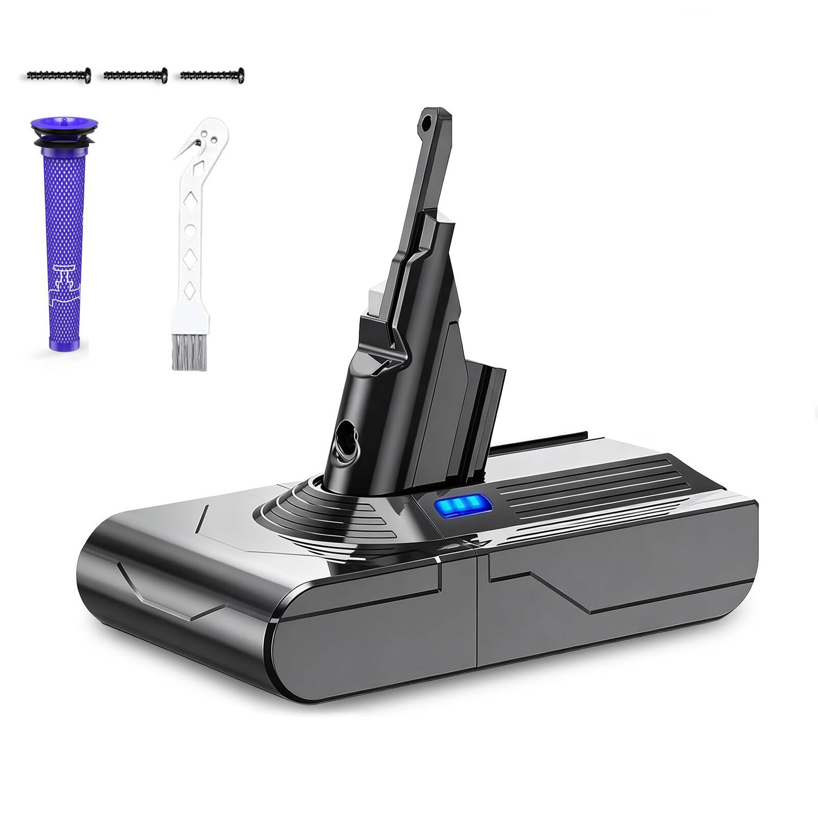 Front. Simple Plus+ - V8 Battery Replacement for Dyson SV10, 21.6V 9000mAh Compatible with V8 Animal Absolute Motorhead Vacuum + 4 Filters.