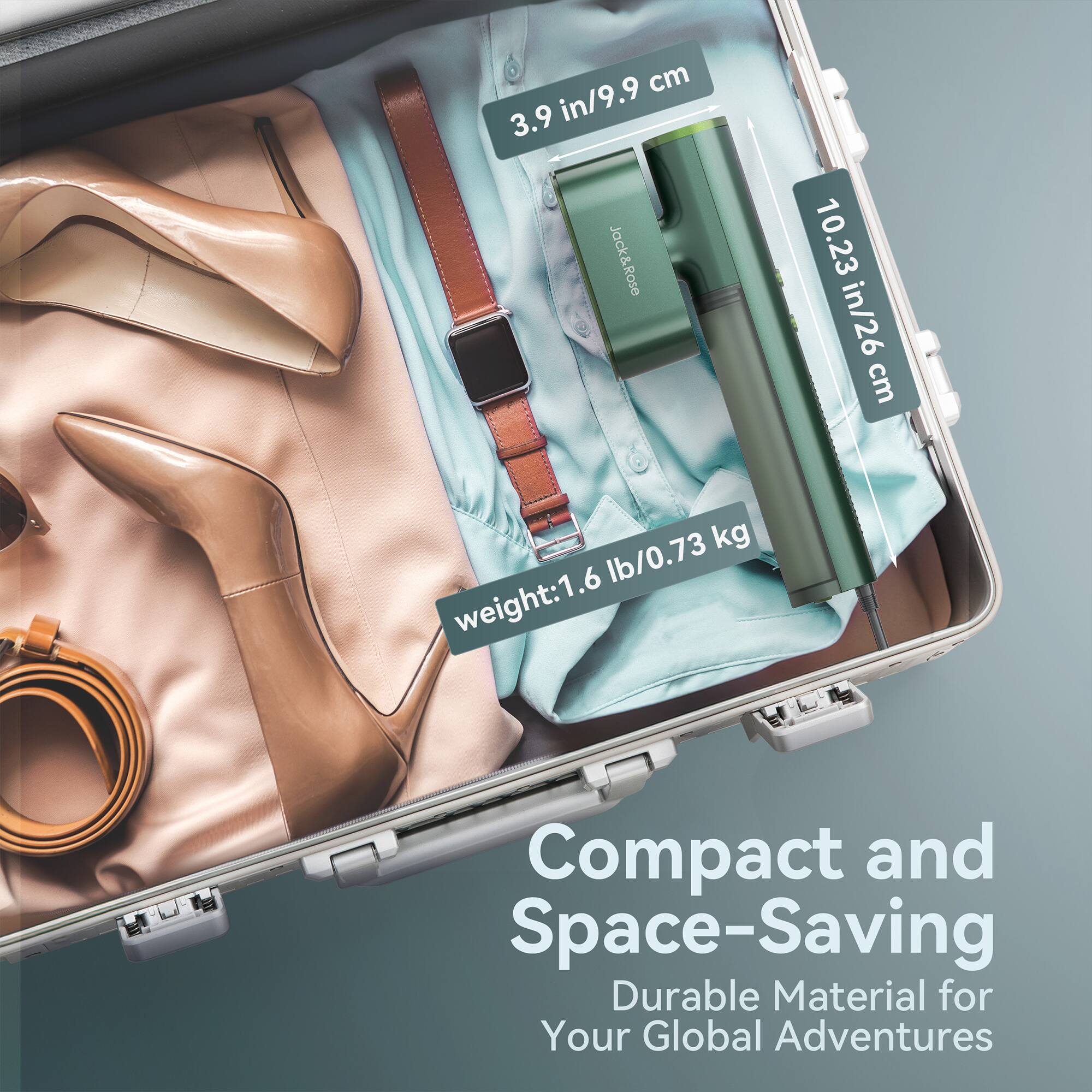 3.9 in/9.9 cm  
10.23 in/26 cm  
weight: 1.6 lb/0.73 kg  

Compact and Space-Saving  
Durable Material for Your Global Adventures