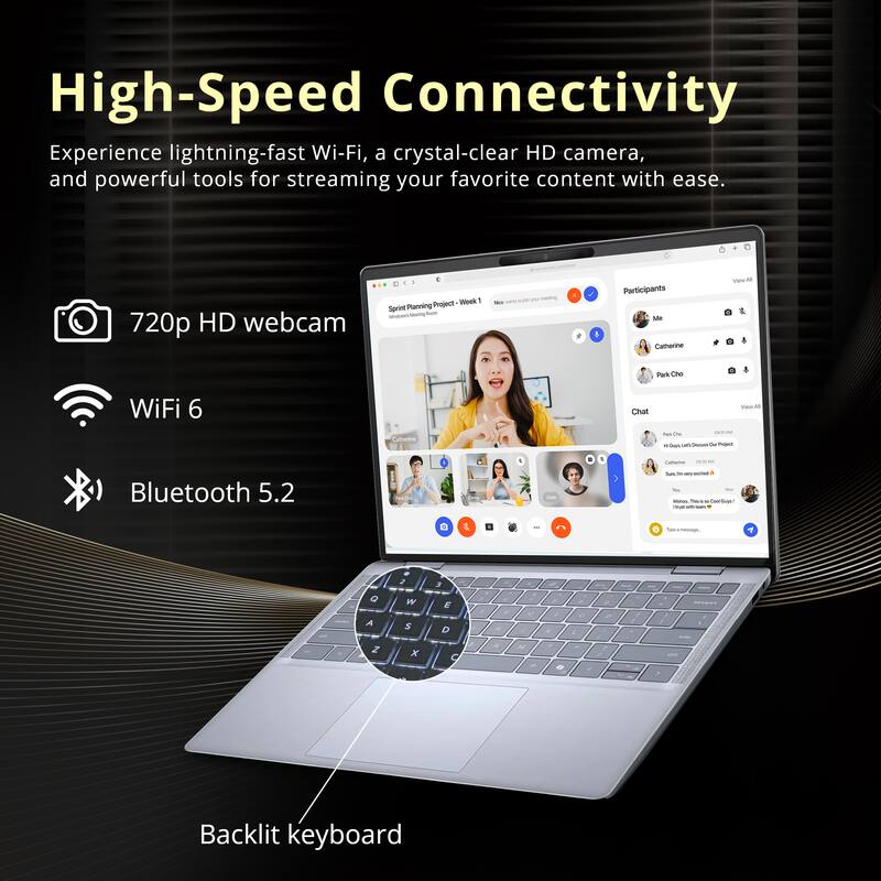 High-Speed Connectivity

Experience lightning-fast Wi-Fi, a crystal-clear HD camera, and powerful tools for streaming your favorite content with ease.

- 720p HD webcam
- WiFi 6
- Bluetooth 5.2
- Backlit keyboard