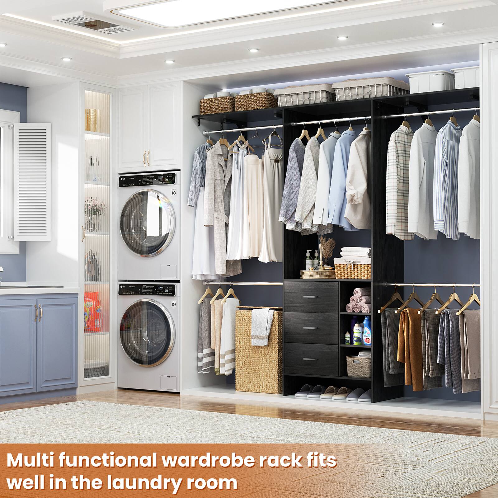 Multi functional wardrobe rack fits well in the laundry room
