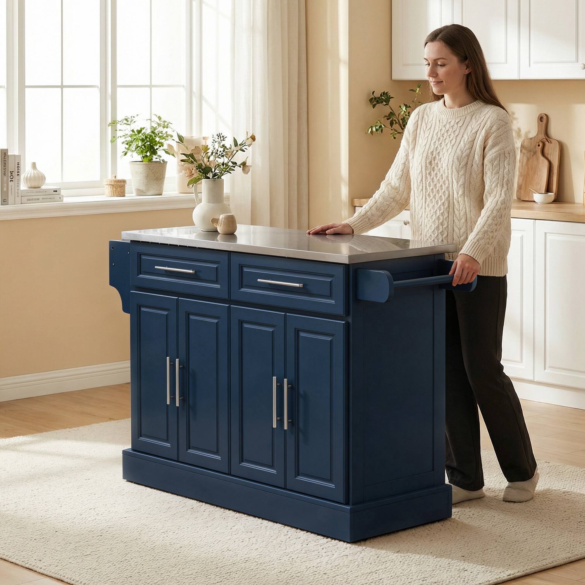 Alt View 7. Homcom - Kitchen Island with Stainless Steel Top, 2 Drawers, Spice, Knife and Towel Rack and Cabinets - Blue.