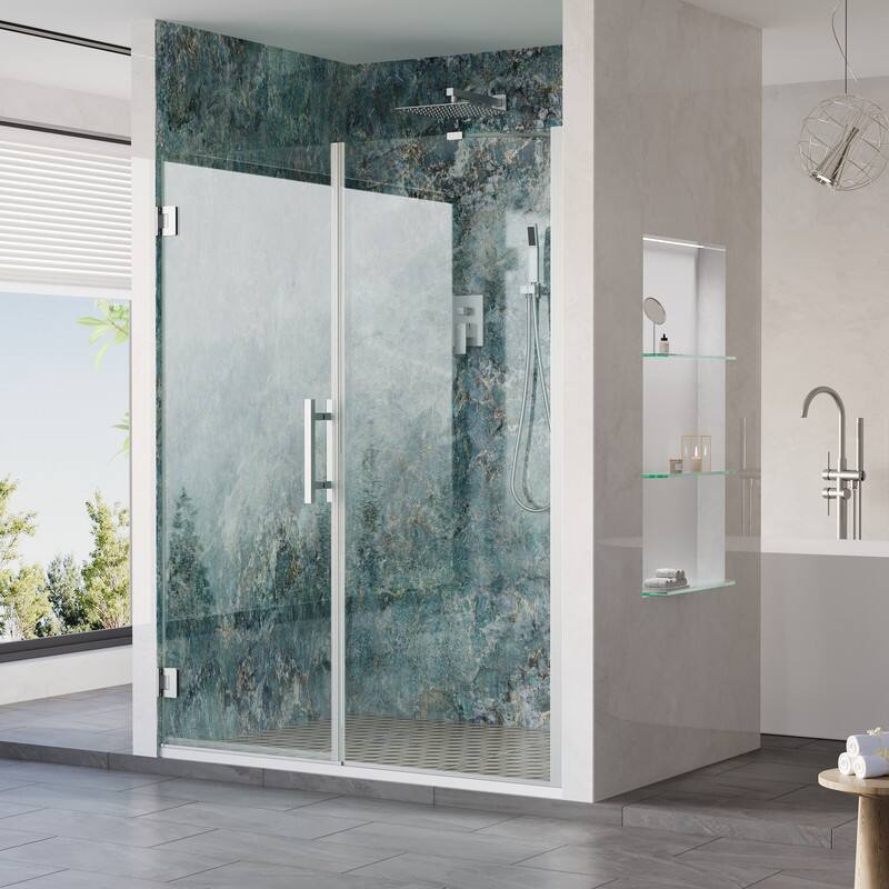 Angle. WELLFOR - 56–57 in. W x 72 in. H Frameless Hinged Shower Door with 3/8" Clear Tempered Glass, Reversible Opening - Chrome.