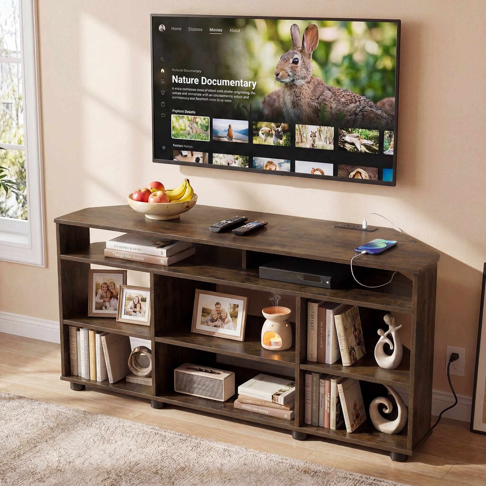 Costway - Corner TV Stand for TVs up to55 Inch,4-Tier Entertainment Center with Power Outlets - Brown