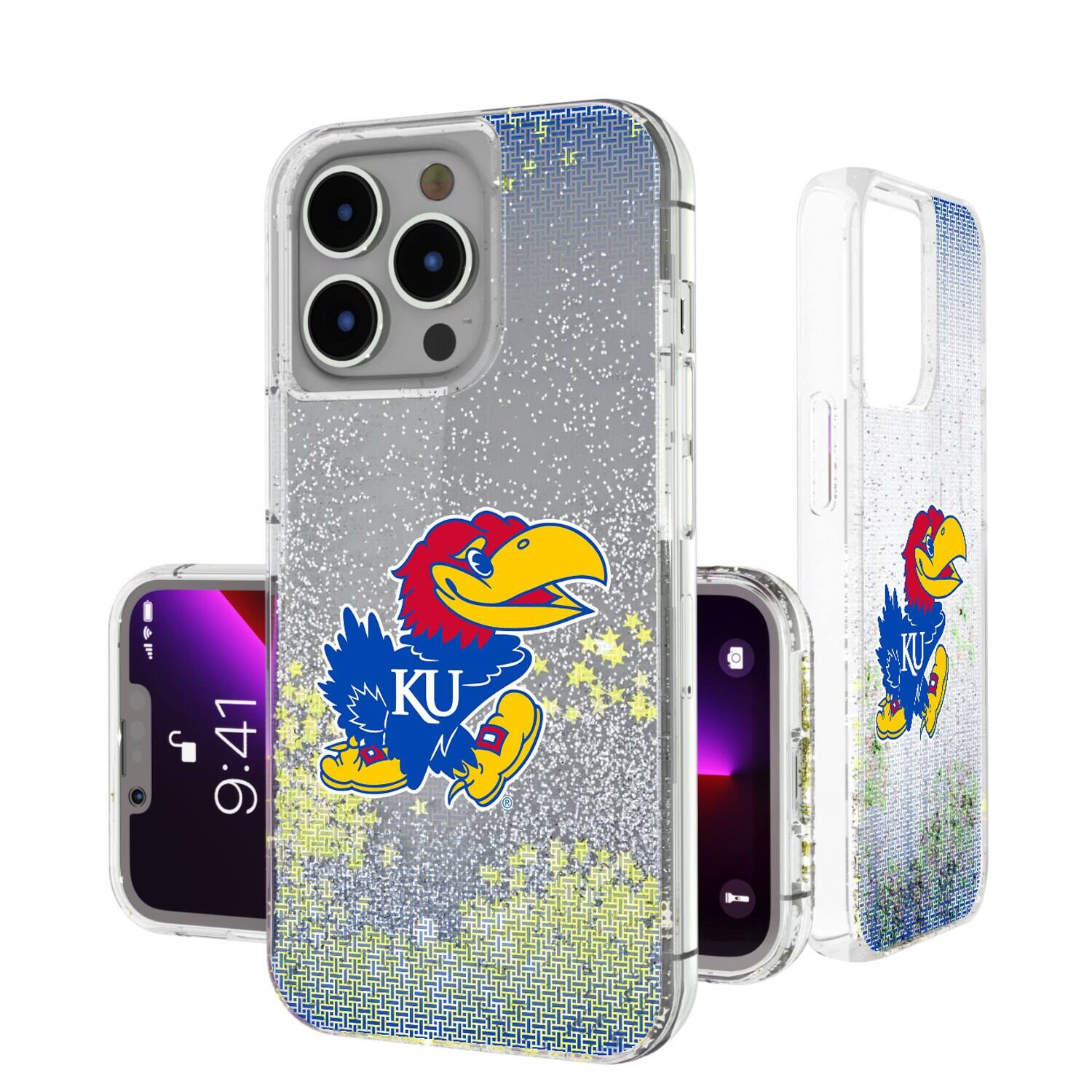 Front. Keyscaper - Kansas Jayhawks Linen Logo iPhone Glitter Case - 16 - Multicolor.