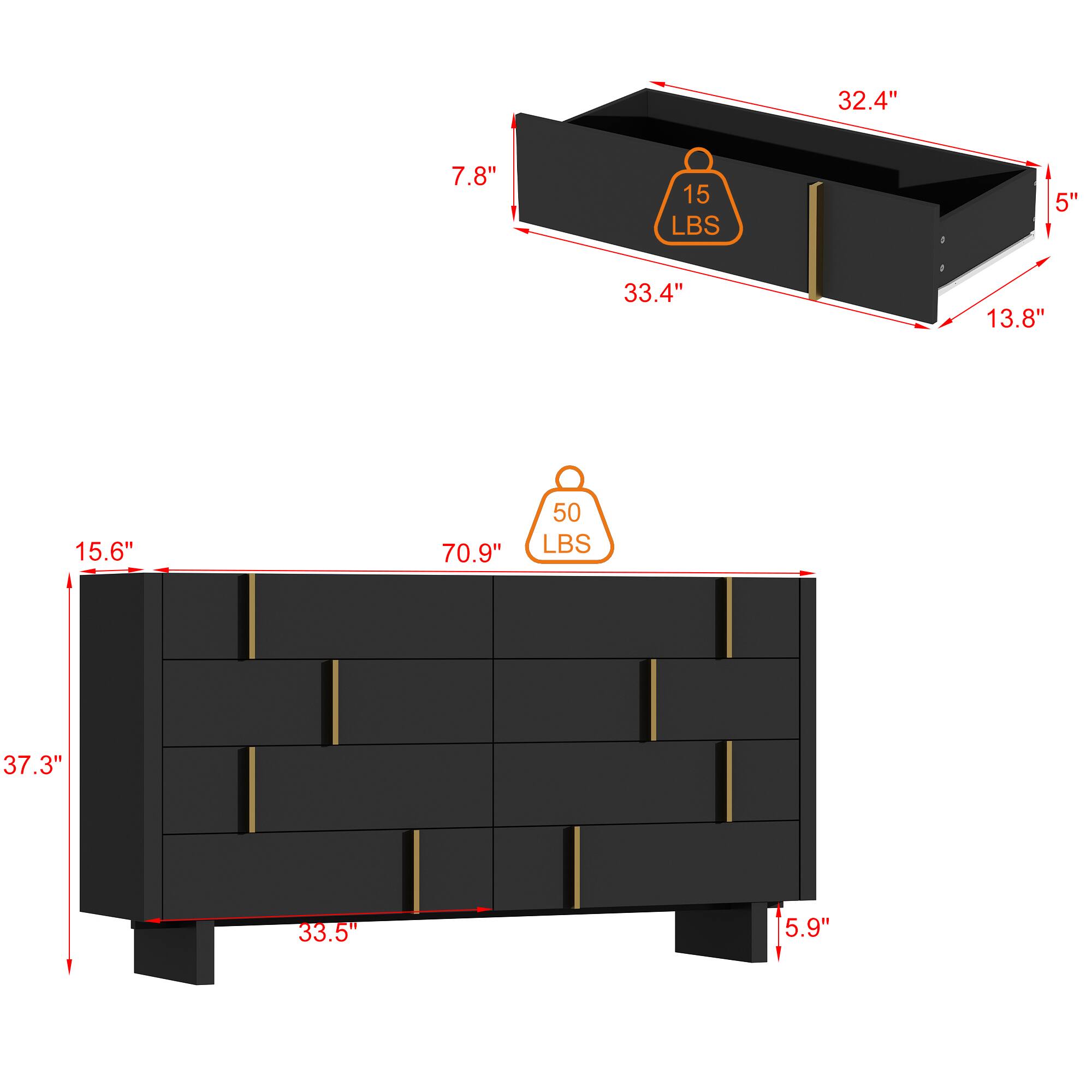 The text can be grouped as follows:

- Dimensions of the top drawer:
  - 32.4"
  - 7.8"
  - 15 LBS
  - 5"
  - 33.4"
  - 13.8"

- Dimensions of the bottom cabinet:
  - 15.6"
  - 70.9"
  - 50 LBS
  - 37.3"
  - 33.5"
  - 5.9"