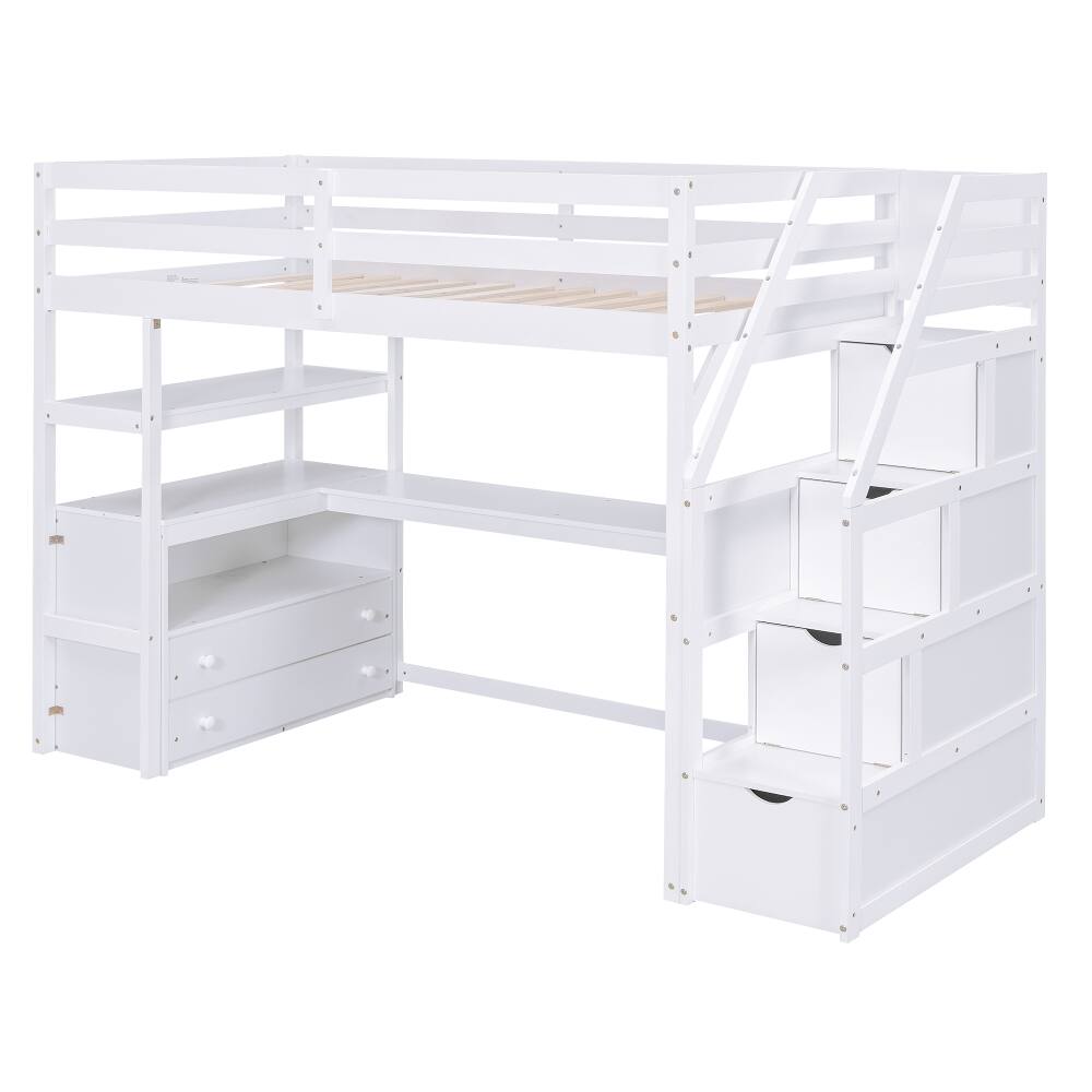 Alt View 9. Loheer - Loheer Twin Loft Bed with Desk Shelves Storage Stairs White - White.