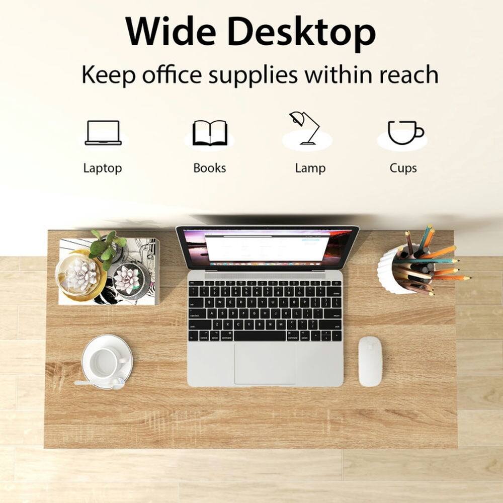 Wide Desktop  
Keep office supplies within reach  
Laptop  
Books  
Lamp  
Cups