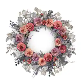 BreeBe - Mixed Zinnia Floral Wreath 24"D - Purple, Pink, Green