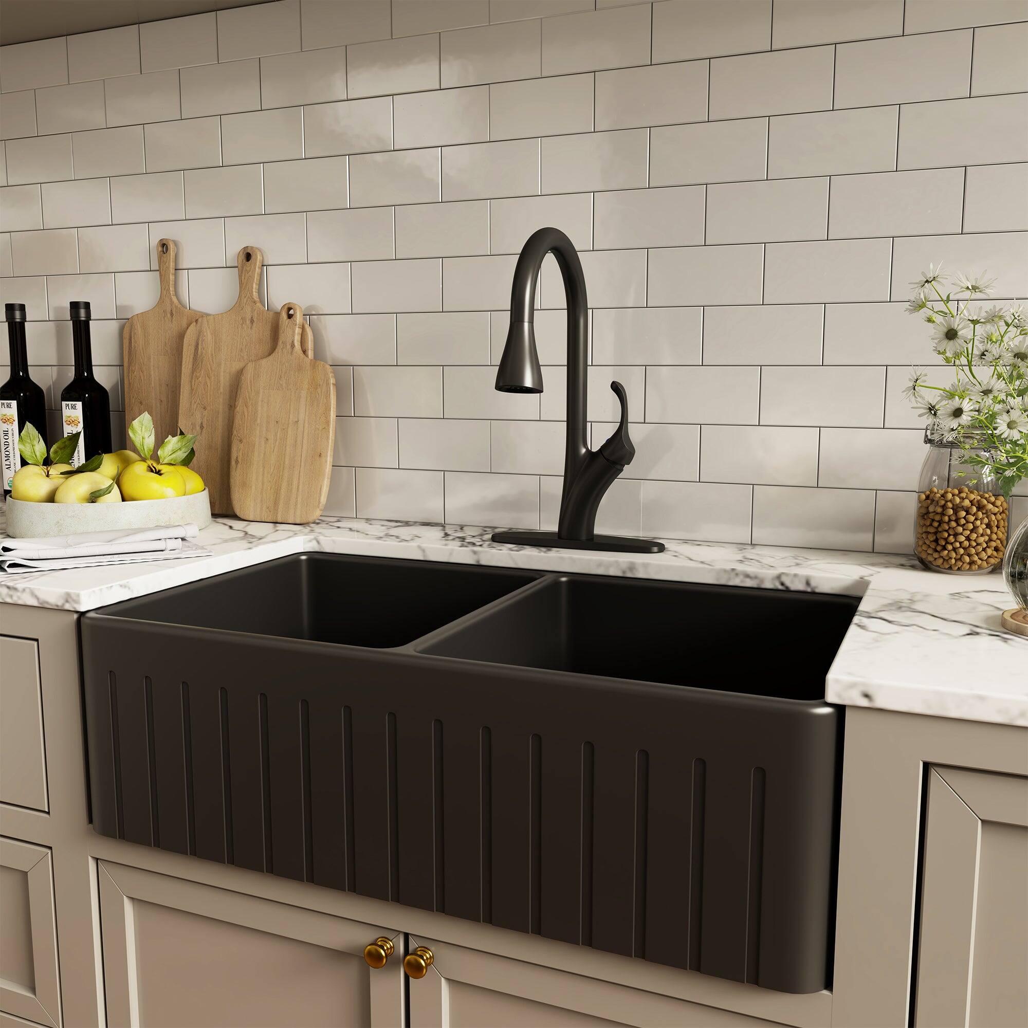 Alt View 4. Boyel Living - Stainless Steel Single Handle Pull Down Sprayer Kitchen Faucet with 3-Spray Patterns and Deck Plate in Matte Black - Matte Black.