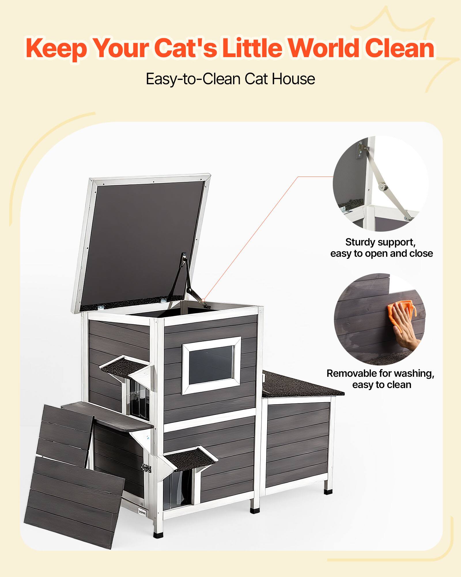 Keep Your Cat's Little World Clean  
Easy-to-Clean Cat House  

- Sturdy support, easy to open and close  
- Removable for washing, easy to clean