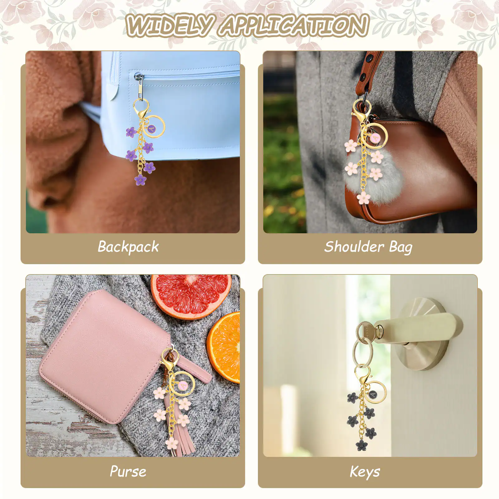 Widely Application  
Backpack  
Shoulder Bag  
Purse  
Keys