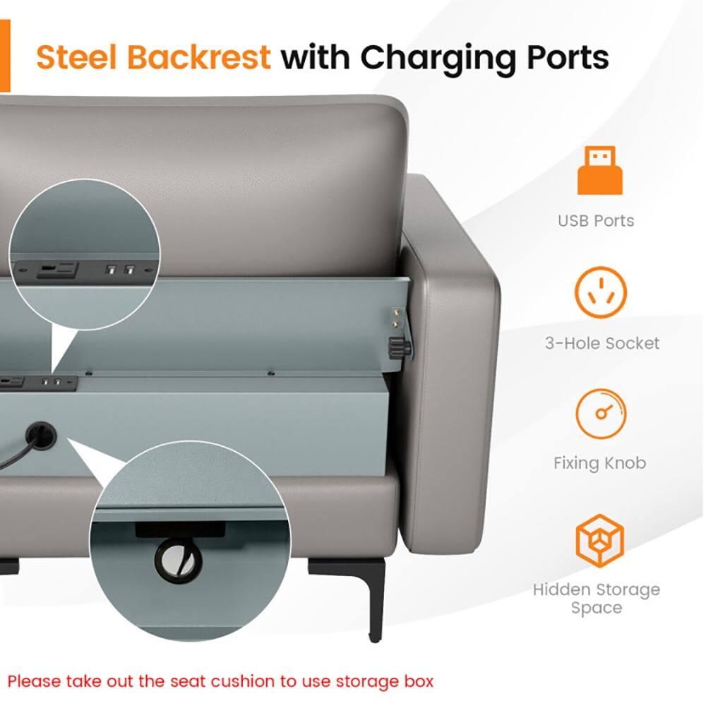 Steel Backrest with Charging Ports

- USB Ports
- 3-Hole Socket
- Fixing Knob
- Hidden Storage Space

Please take out the seat cushion to use storage box