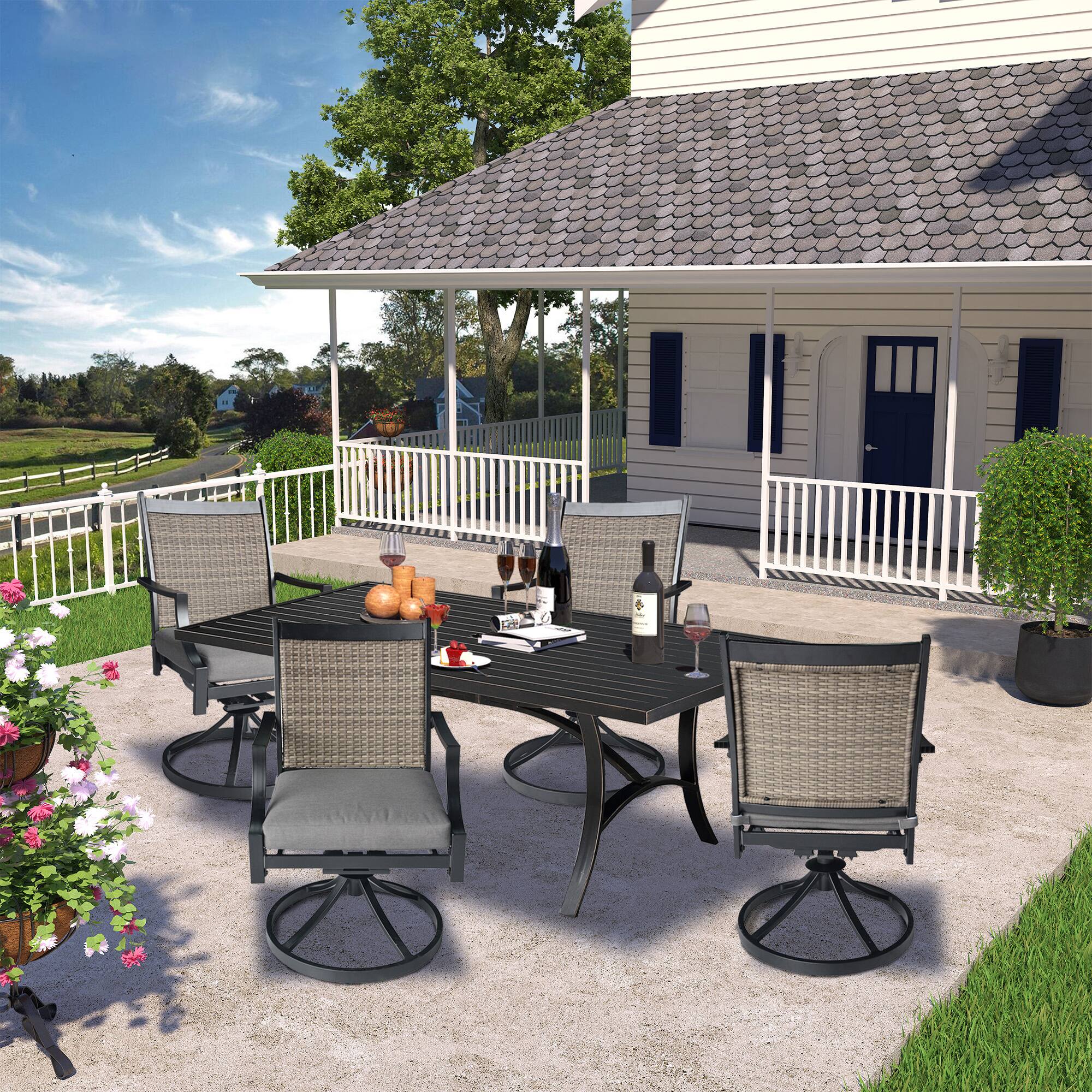 Angle. Mondawe - 5-Piece Outdoor Dining Set with 360° Swivel Chairs and Blended Fabric Cushions - Black+Brown.