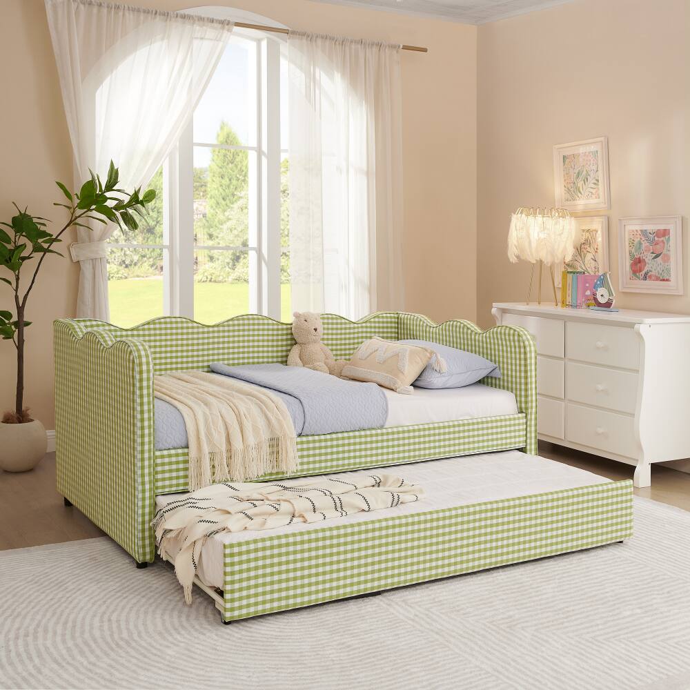 Left. JUJABU - Green Cozy Gingham Daybed with Twin Size Trundle No Box Spring Needed, with USB Port and Adorable Wave Shaped - Green.