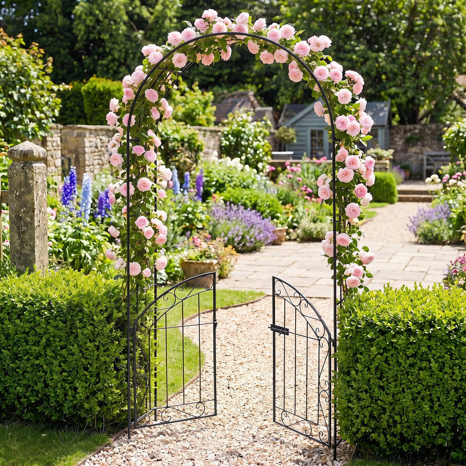 Gymax Garden Arch w/ Gate 79'' Heavy Duty Metal Arbor Trellis w/ Safety ...