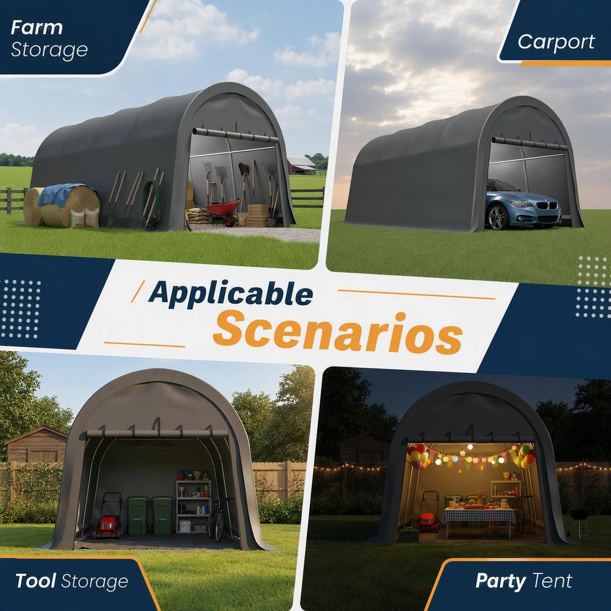 Farm Storage  
Carport  
Applicable Scenarios  
Tool Storage  
Party Tent