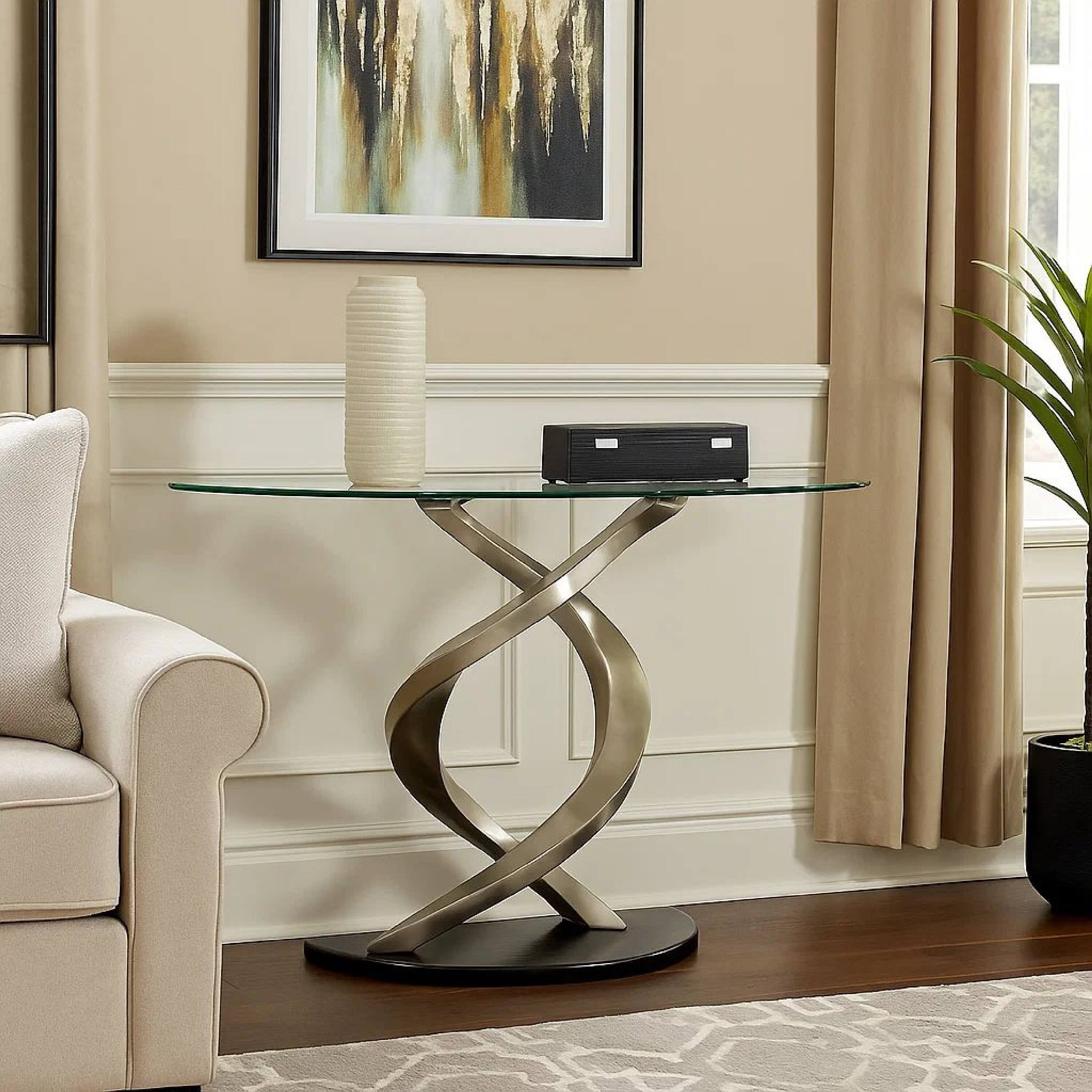 Alt View 7. Manhattan Lane - Sofa Table with Twisted Metal Base and Semi Circular Glass Top - Silver and Black.