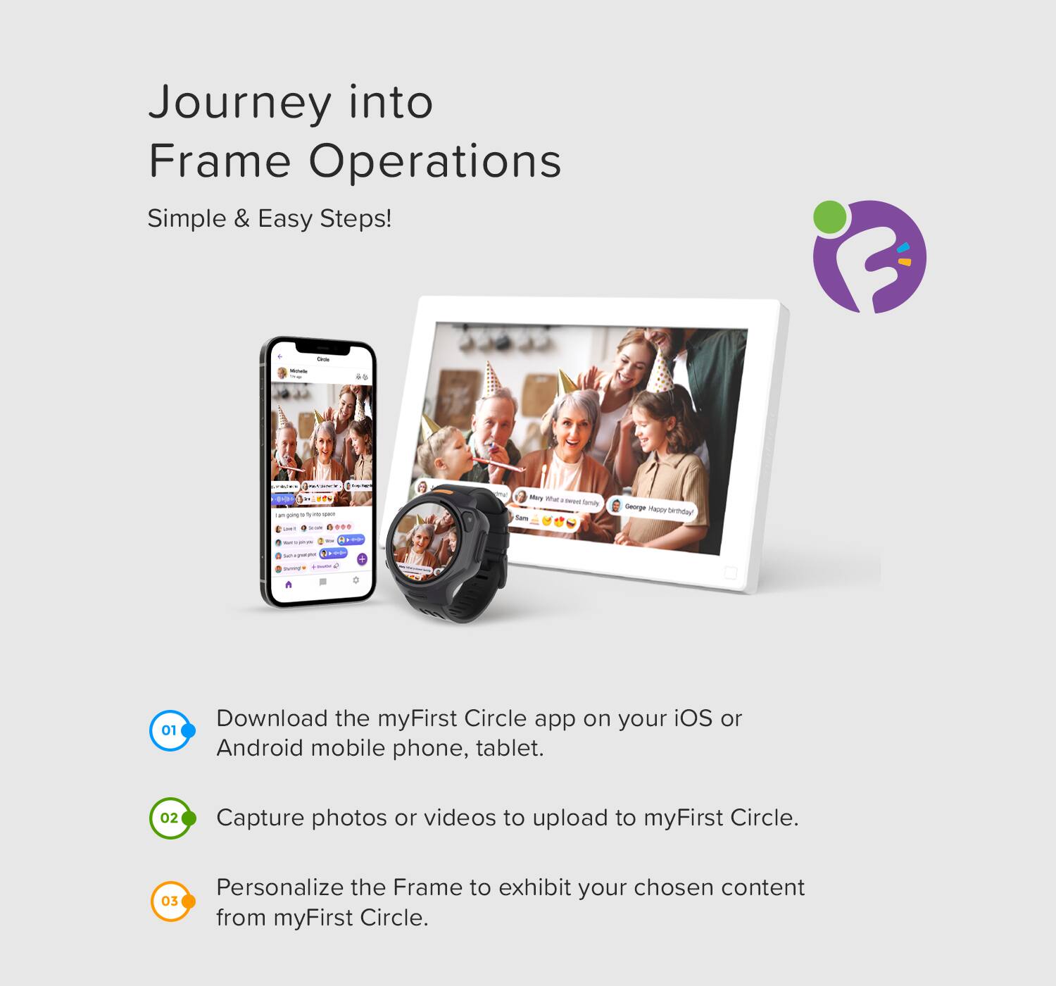 Journey into Frame Operations  
Simple & Easy Steps!

01 Download the myFirst Circle app on your iOS or Android mobile phone, tablet.

02 Capture photos or videos to upload to myFirst Circle.

03 Personalize the Frame to exhibit your chosen content from myFirst Circle.