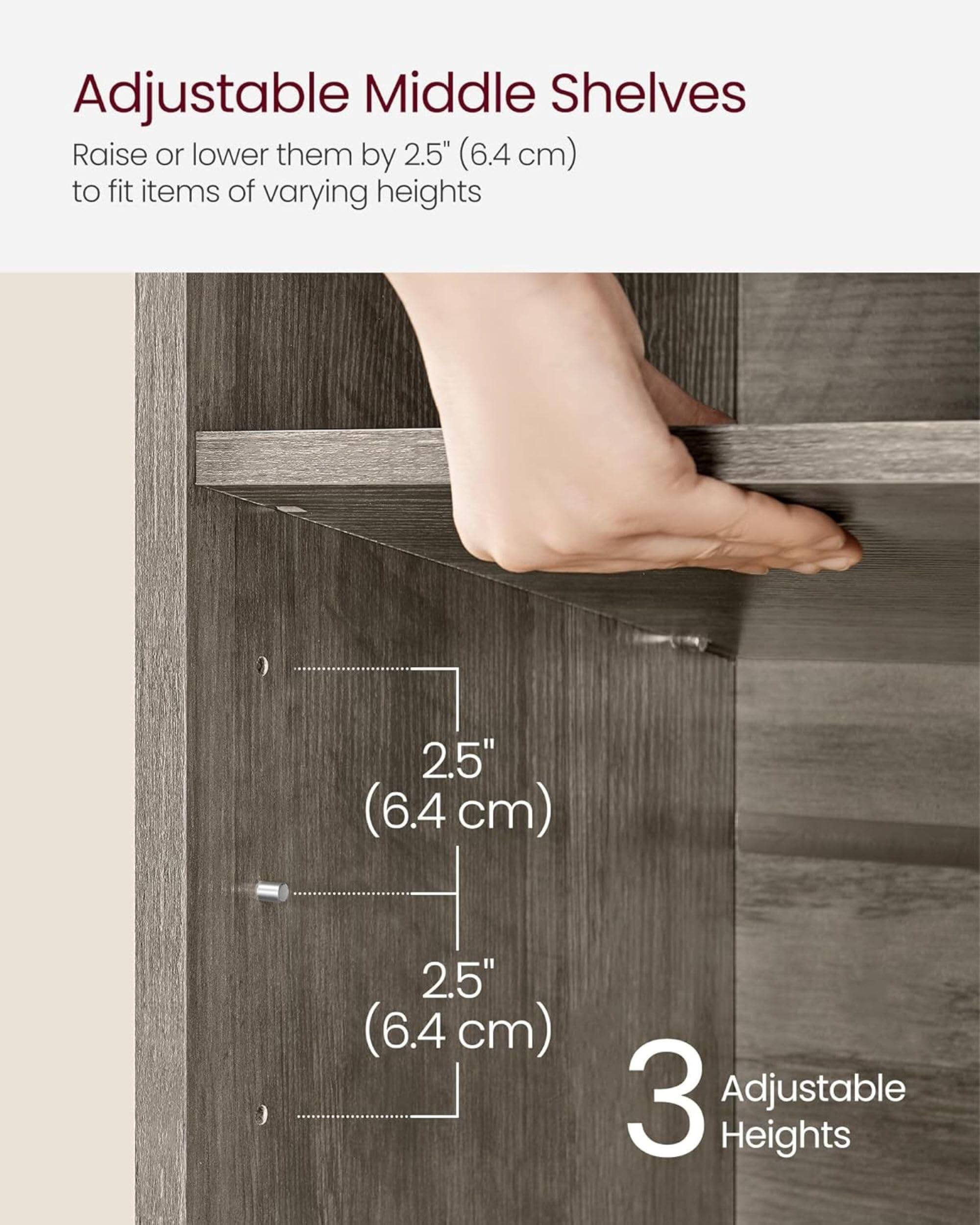 Adjustable Middle Shelves

Raise or lower them by 2.5" (6.4 cm) to fit items of varying heights

2.5" (6.4 cm)

2.5" (6.4 cm)

3 Adjustable Heights