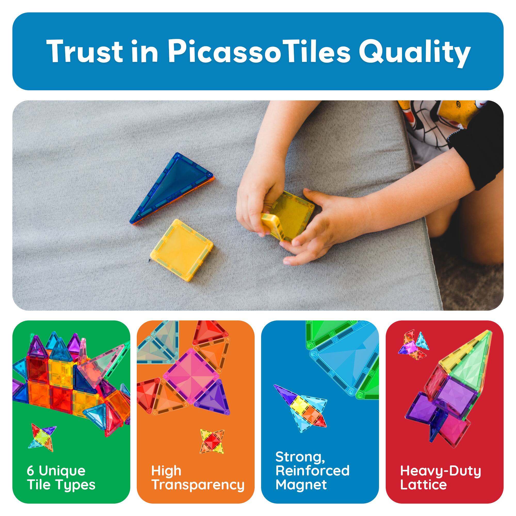 Trust in PicassoTiles Quality

- 6 Unique Tile Types
- High Transparency
- Strong, Reinforced Magnet
- Heavy-Duty Lattice