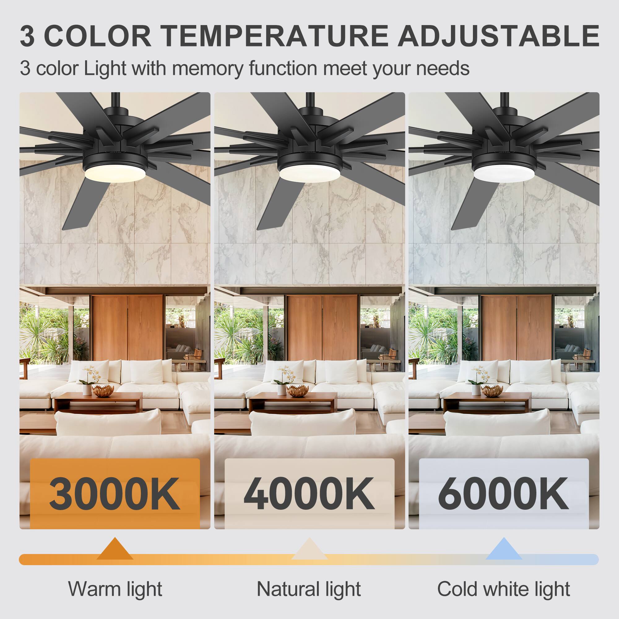 3 COLOR TEMPERATURE ADJUSTABLE  
3 color Light with memory function meet your needs  
3000K Warm light  
4000K Natural light  
6000K Cold white light