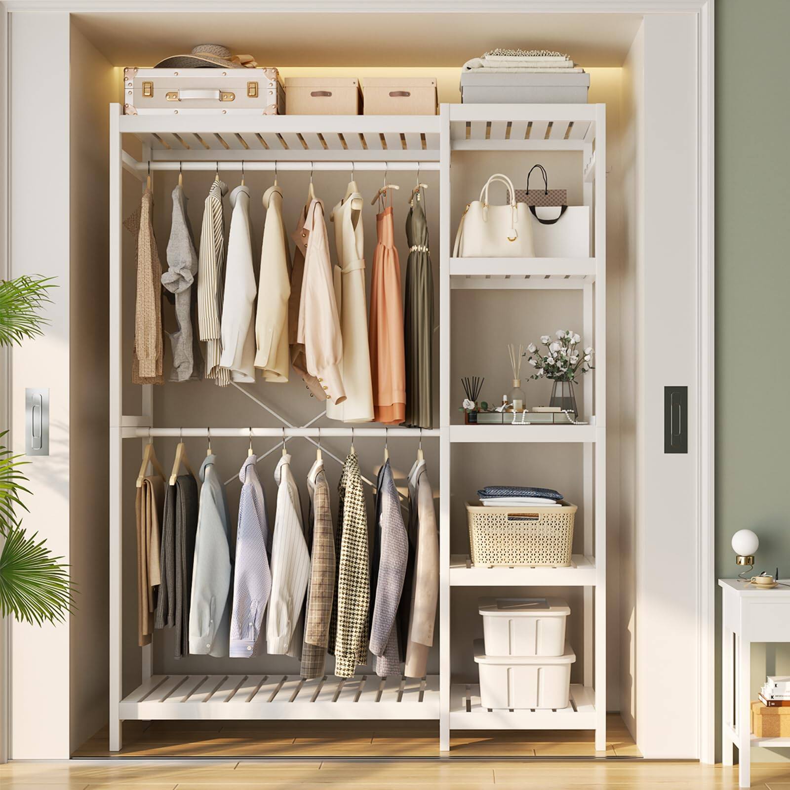 Angle. Aheaplus - 2-Piece Bamboo Closet System, Freestanding Garment Rack with Adjustable Shelves & Hooks - White.