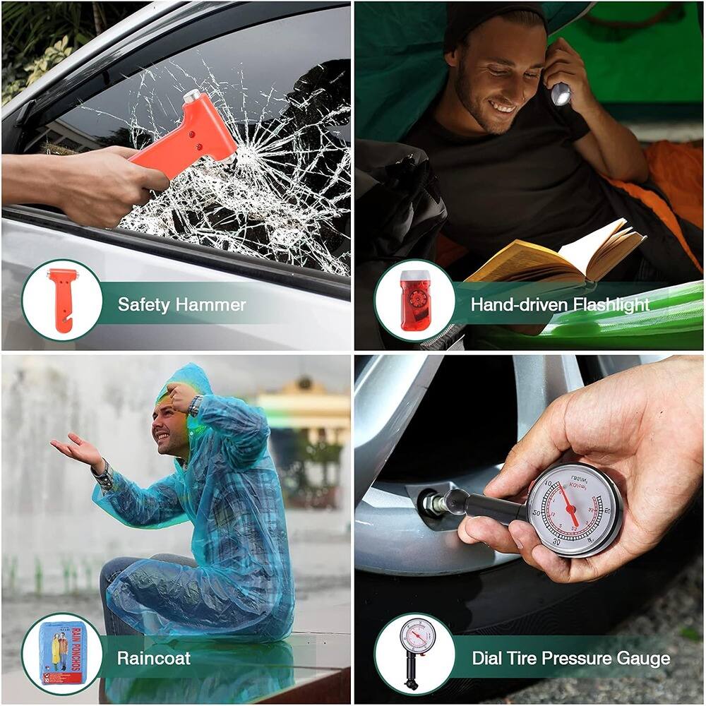 Safety Hammer  
Hand-driven Flashlight  
Raincoat  
Dial Tire Pressure Gauge