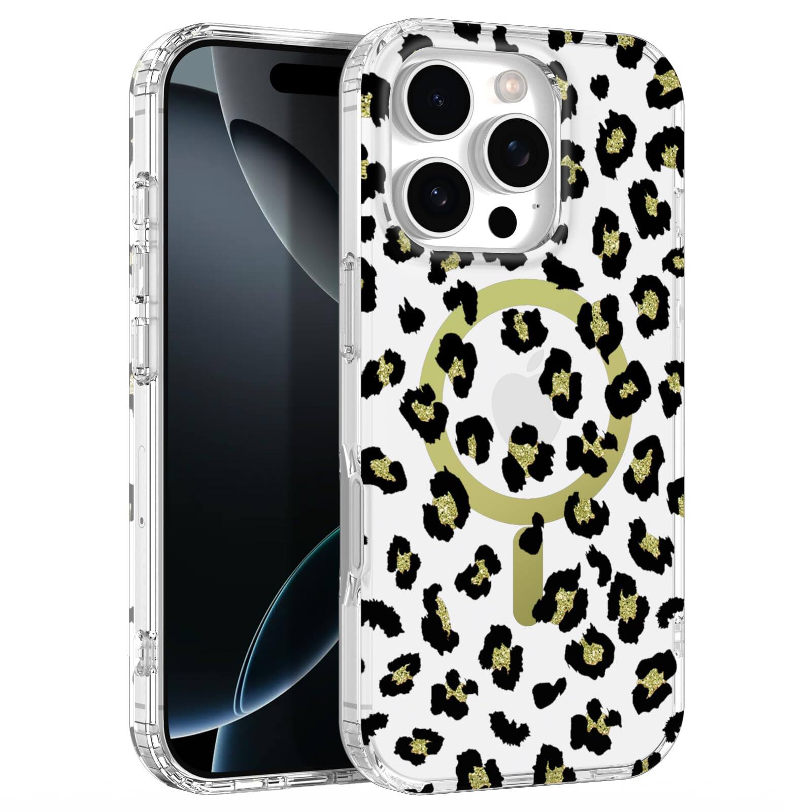Ornarto - Designed for iPhone 16 Pro Case 6.3" with Leopard Print,Compatible with MagSafe,Clear Shockproof Case - Black