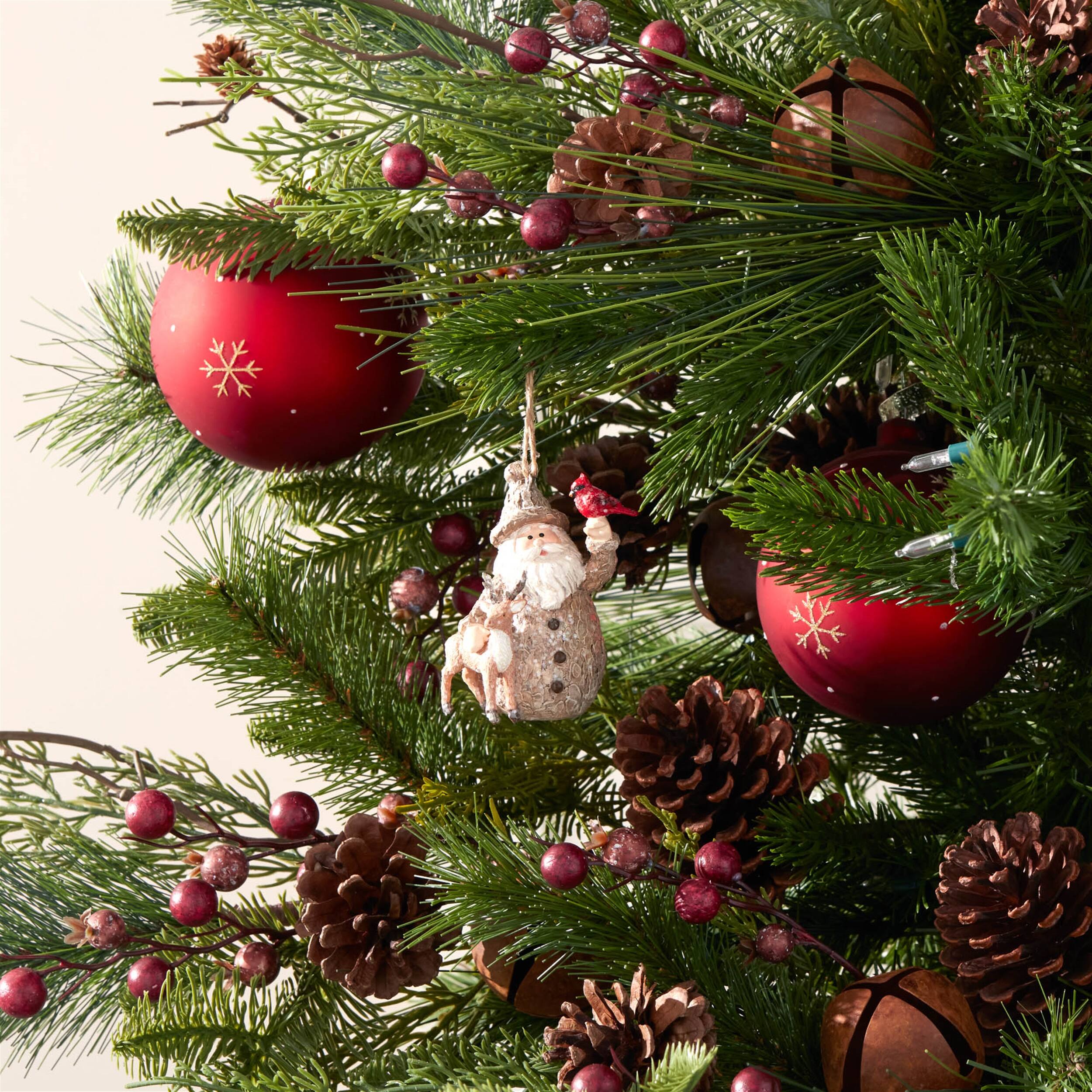 Angle. BreeBe - Santa with Deer and Cardinal Bird Ornament (Set of 6) - Brown, BEige.