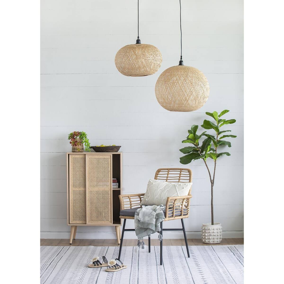 Alt View 4. Loheer - Loheer Beige Bamboo Chandelier, Round Woven Pendant Light, Twenty Two Inch Bohemian Ceiling Fixture.