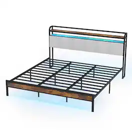 Costway - King Size Bed Frame w/Charging Station Metal Platform Bed w/ Upholstered Headboard - Rustic Brown,Black,Grey