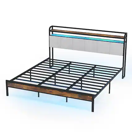 Front. Costway - Costway King Size Bed Frame w/Charging Station Metal Platform Bed w/ Upholstered Headboard - Rustic Brown,Black,Grey.