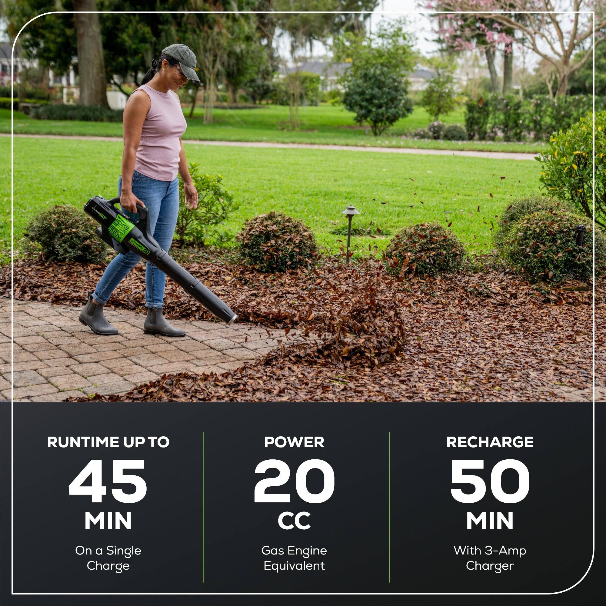 RUNTIME UP TO 45 MIN  
On a Single Charge  

POWER 20 CC  
Gas Engine Equivalent  

RECHARGE 50 MIN  
With 3-Amp Charger